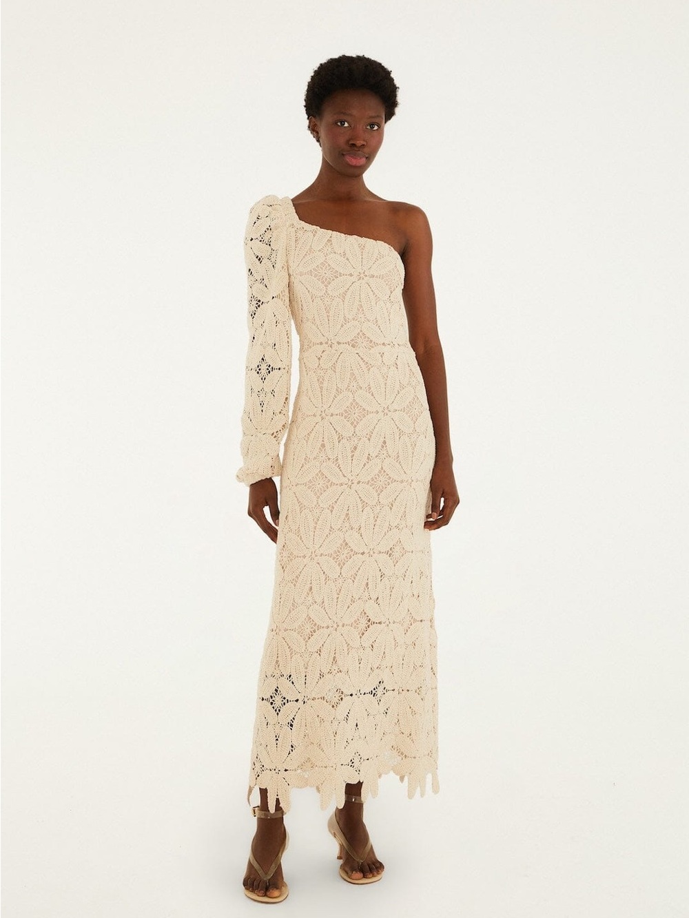 FARM RIO Off-White One-Shoulder Crochet Flower Maxi Dress